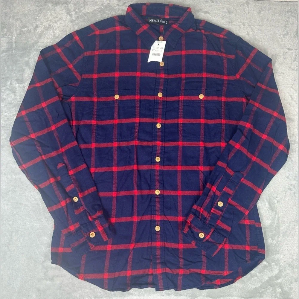 J Crew Mercantile Flannel Shirt Mens Med Long Sleeve Button Plaid Red‎ Navy New